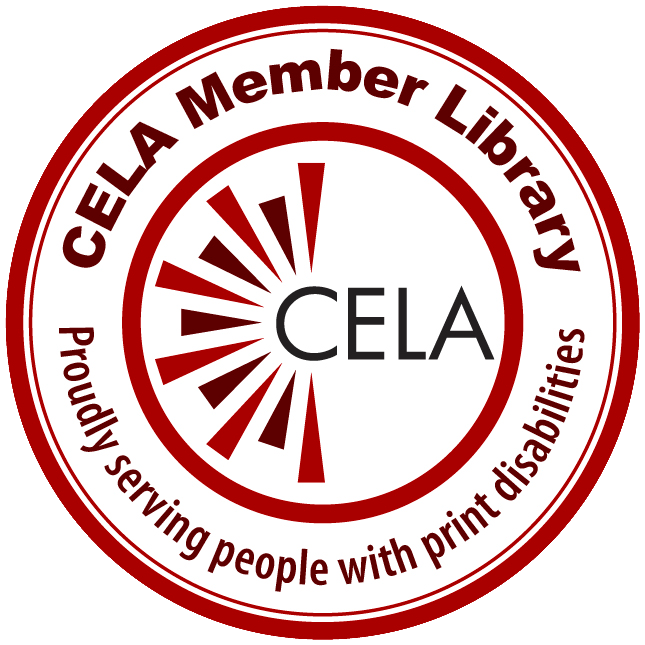 A Red and White button with "CELA Partnered Library" along the top. At the bottom it reads: Proudly serving people with print disabilities. Both are written in a deep red font. In the center is the CELA logo. The word CELA is written in black and to the left is a sunburst-like series of lines alternating in light red and dark red lines.